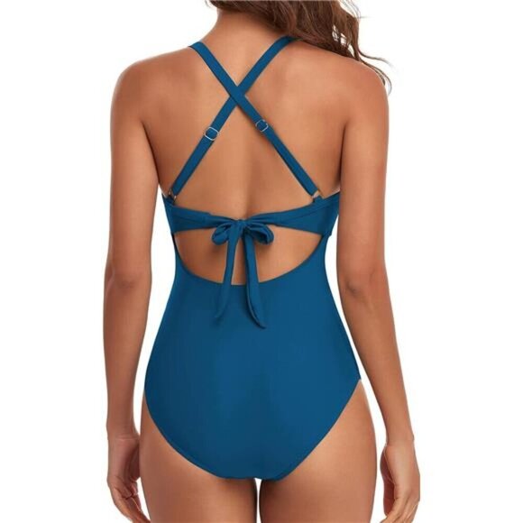 Women's One Piece Swimsuit Tummy Control Cutout High Waisted Wrap Tie Back - Picture 3 of 6